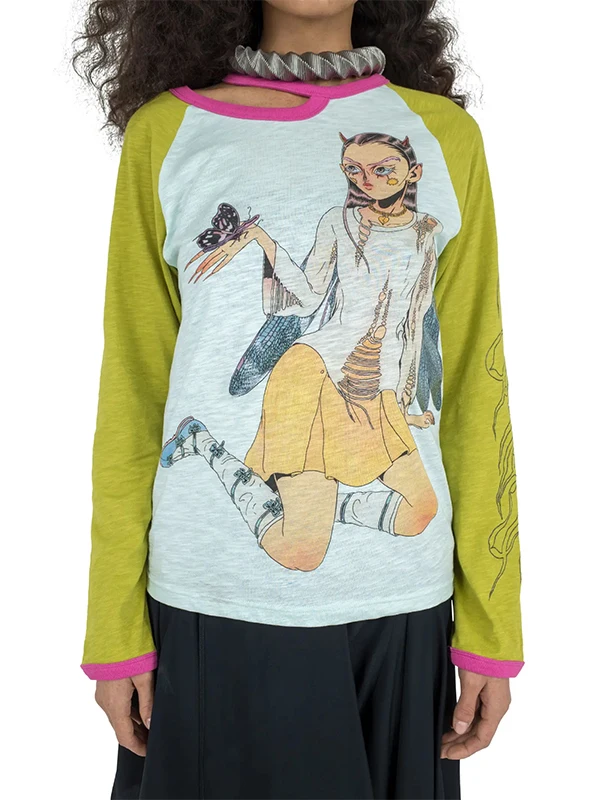 Y2K Personalized Dragonfly Print Unisex Long Sleeve Thin Cotton Bamboo T-Shirt Summer Commute Style Creative Cartoon Pattern