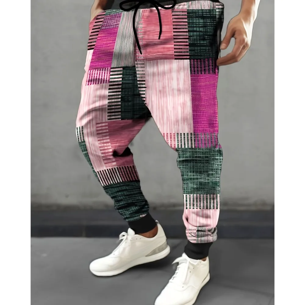 Geometric Color Blocks Graphic Pants Men's Side Pockets Elastic Drawstring Sweatpants Joggers Pants Casual Trousers Fall Winter