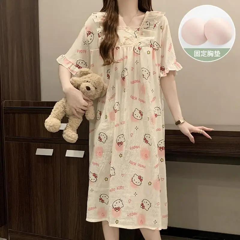 

Платье для сна Sanrio Hello Kitty, домашняя одежда для девочек, новая летняя ночная рубашка с короткими рукавами, милая удобная модная ночная рубашка с мультяшным рисунком