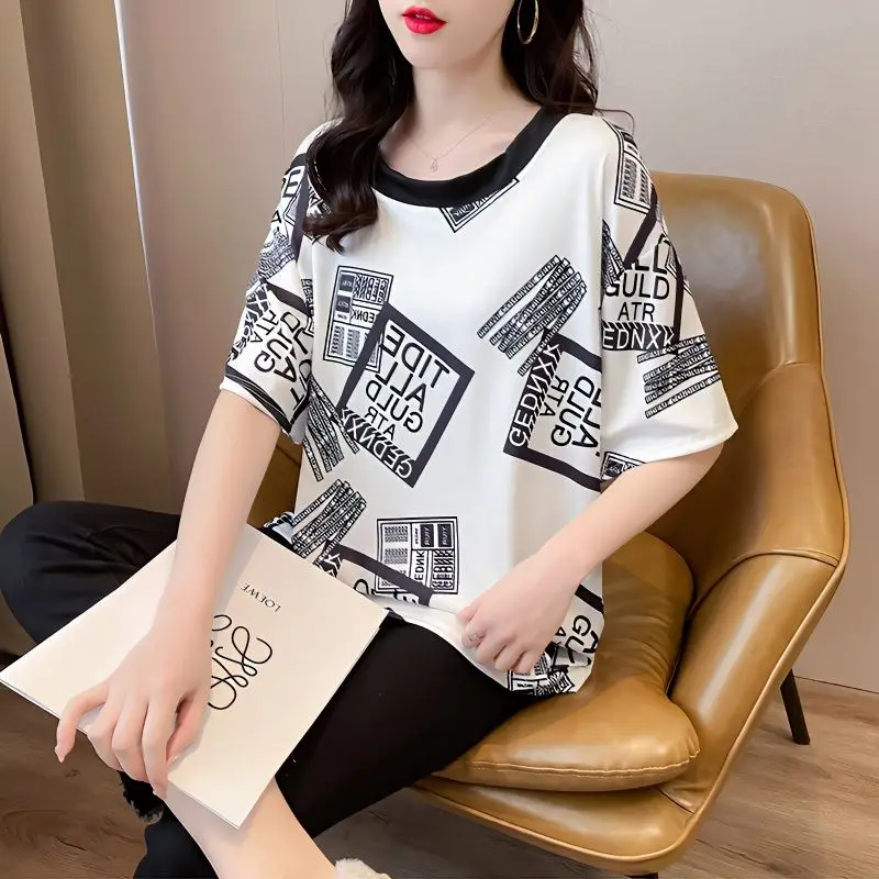 

Fashion O-Neck Korean Printed Letter T-Shirt Female Clothing 2024 Summer New Loose Casual Tops All-match Tee Shirt