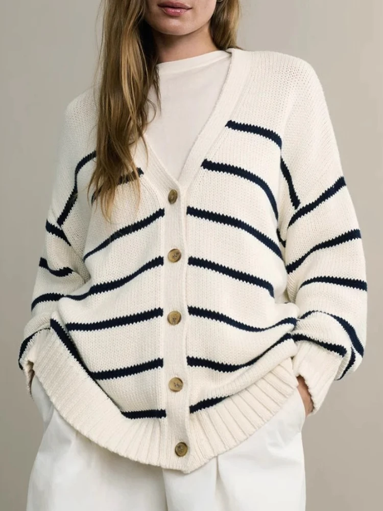 

Striped Knitted Cardigan for Women European and American Style New Autumn and Winter 2025 V-Neck Long Sleeve Cardigan Sweater