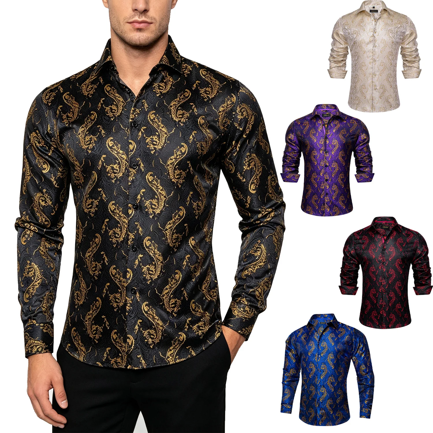Men Slim Fit Paisley Pattern Long Sleeve Dress Shirt, Floral Print Button Down Top, Multi Colors for Wedding Party
