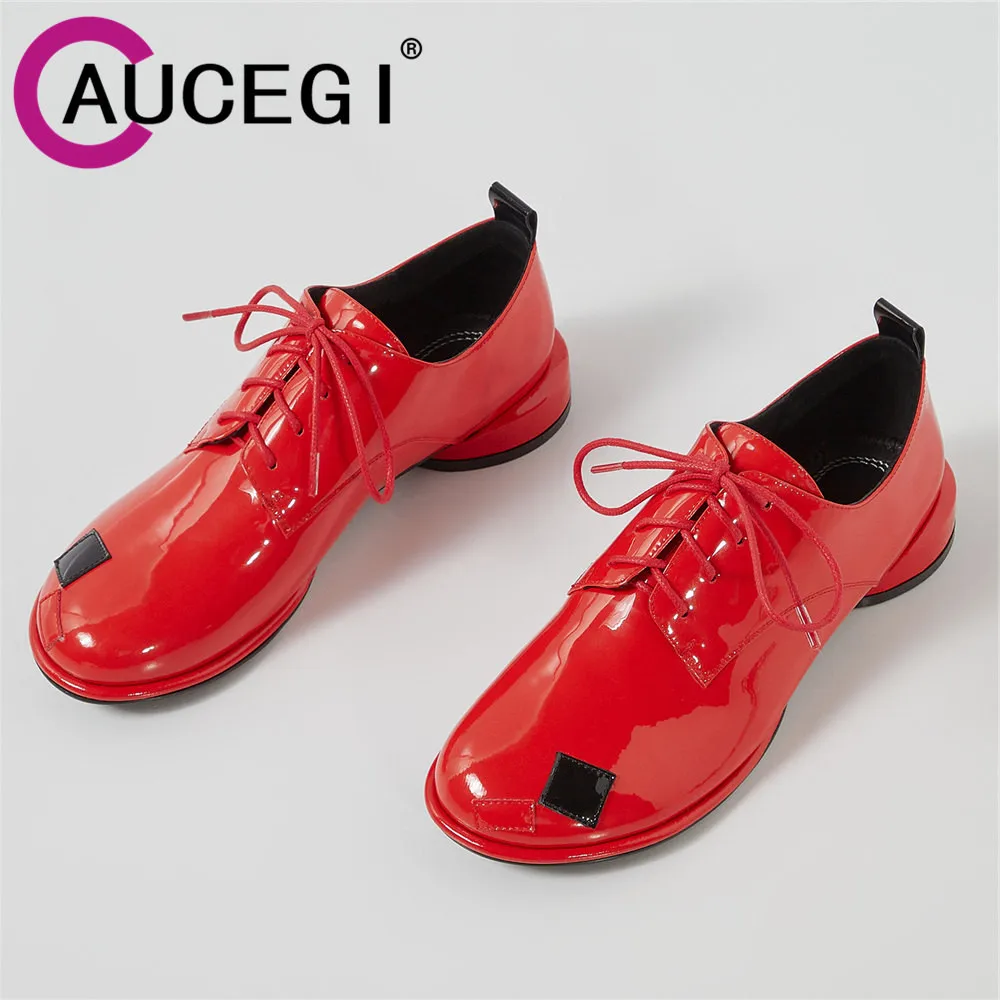 Aucegi Fashion Mixed Color Splicing Women Patent Leather Pumps Comfortable Round Toe Round Thick Heels Plus Size 34-43 Casual