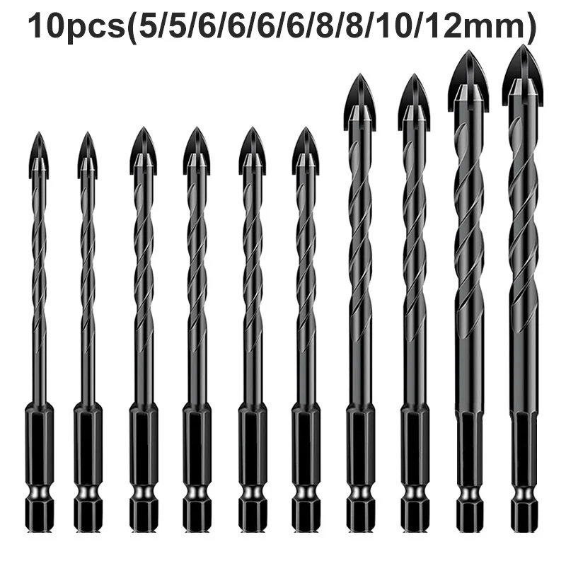 

10 шт., набор сверл для плитки с шестигранной головкой, 5/6/8/10/12 мм, сверла для каменной кладки, шестигранный хвостовик, металлические крестообразные сверла, инструмент для открывания отверстий
