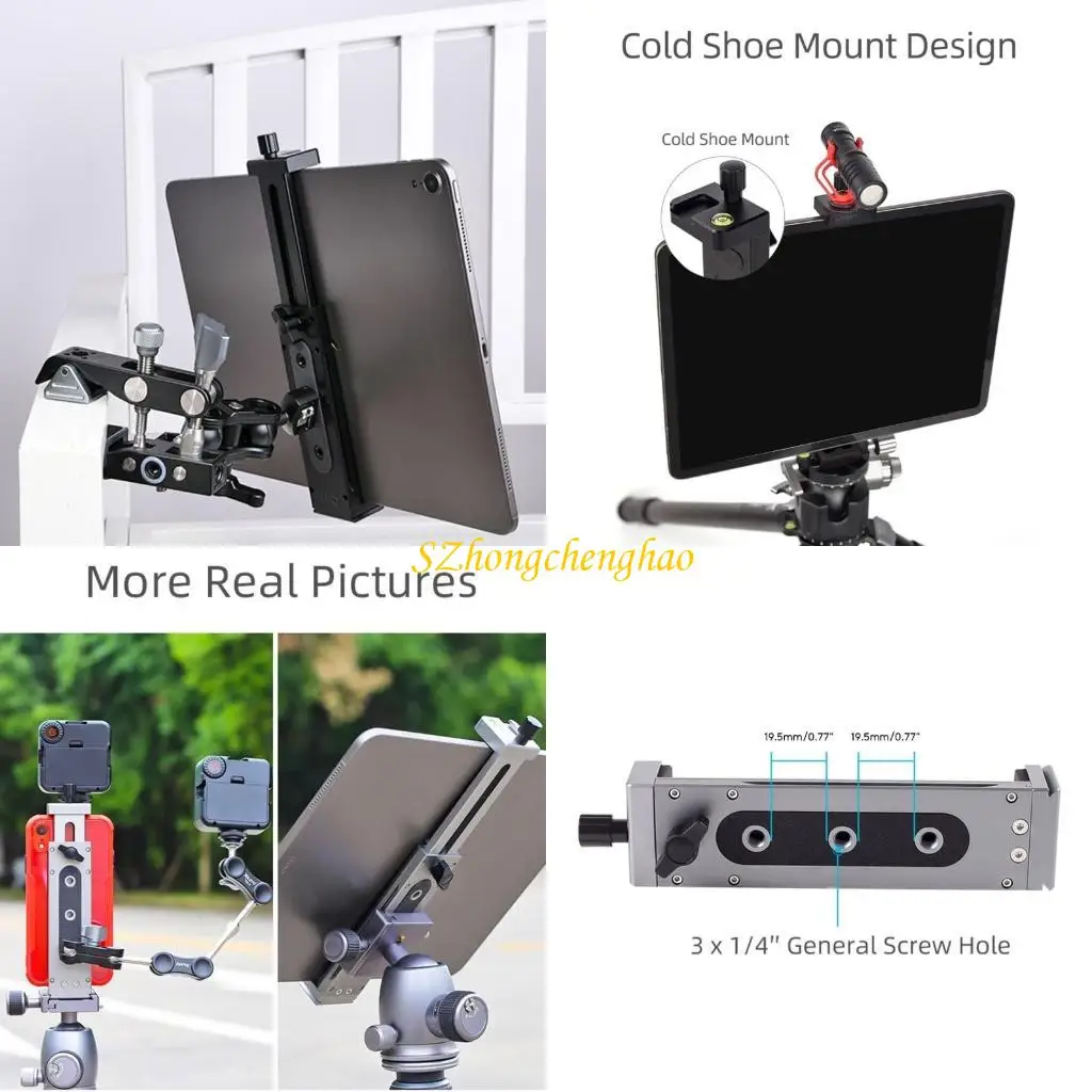 

XJ-15 Metal Tablet Clamp Phone Holder Stand Tripod Clip with Cold Shoe Mounting Port 130-230mm/5.1-9.0in Clamp Ranges 601D