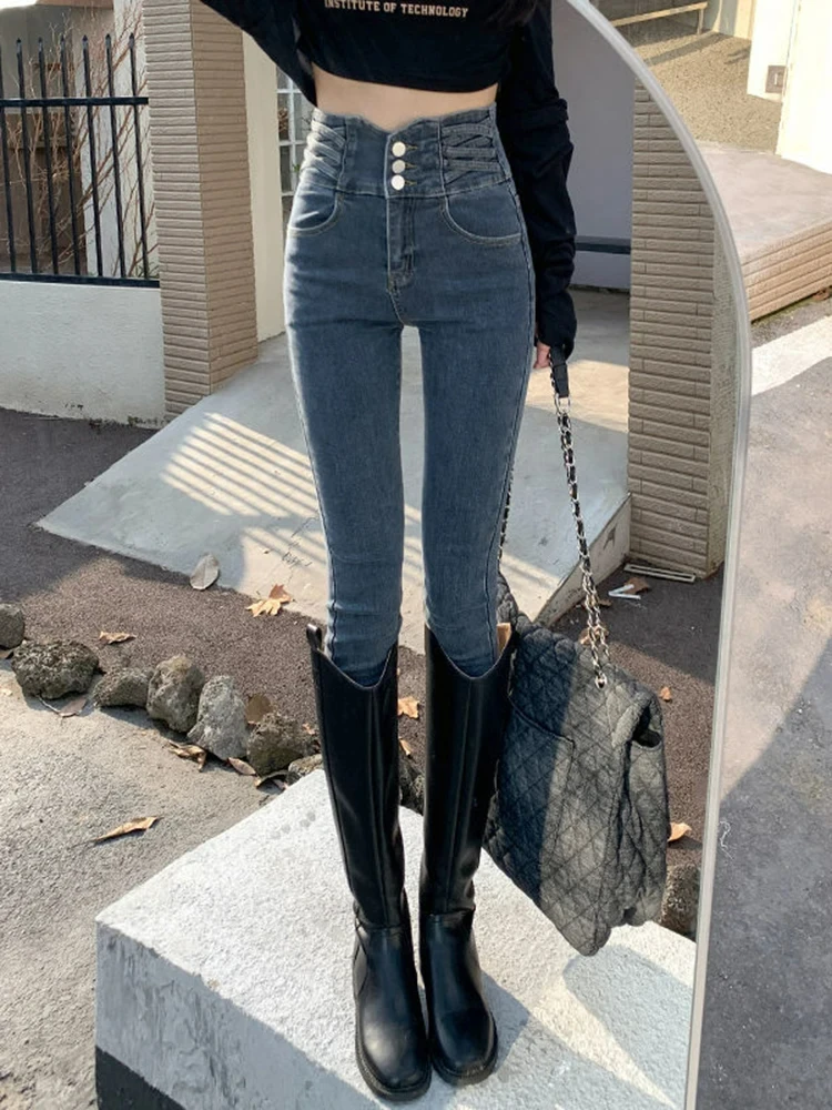 

Skinny High Waist Jeans Pencil Pants 2024 Women New Vintage Stretch Vaqueros Pantalones Casual Fahion Button Fly Denim Spodnie