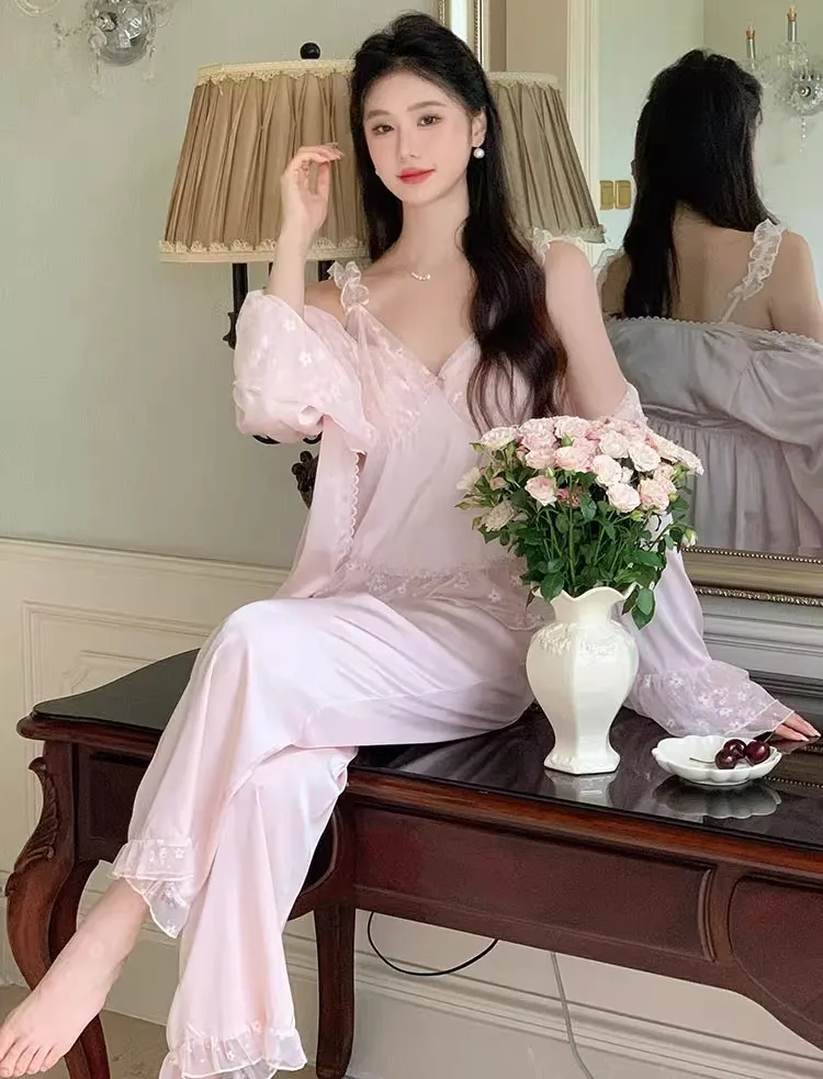 Sweet flower mesh ice ribbon breast pad three piece set pajamas women's French lace suspender homewear  sexy pure desire style