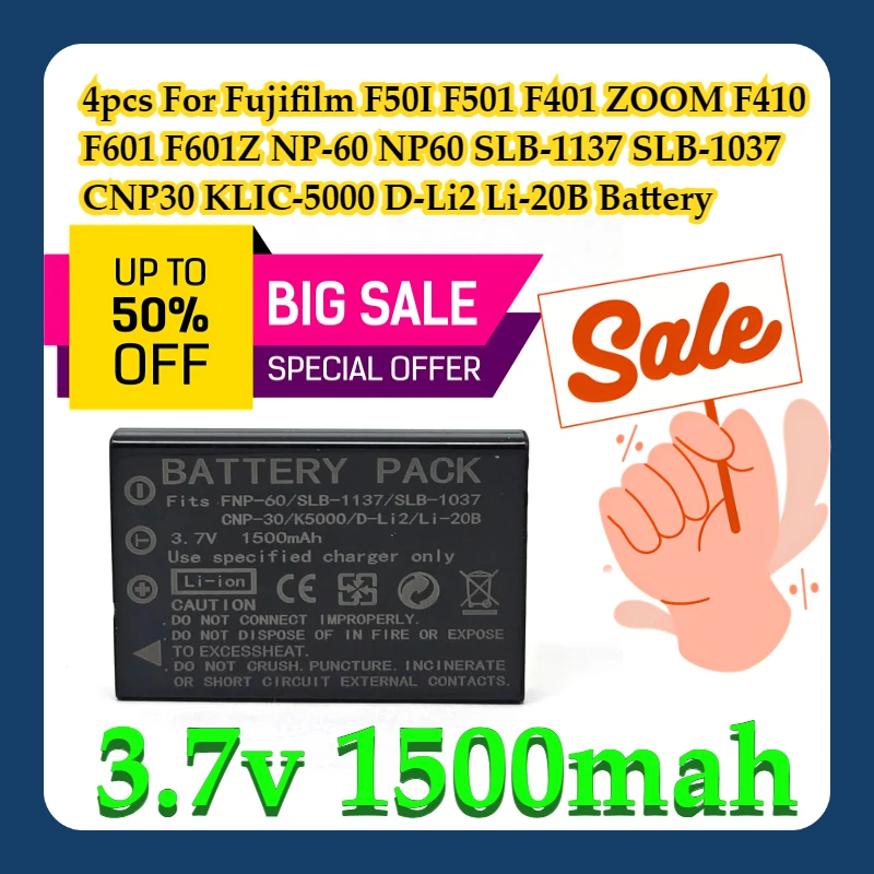 

4pcs For Fujifilm F50I F501 F401 ZOOM F410 F601 F601Z NP-60 NP60 SLB-1137 SLB-1037 CNP30 KLIC-5000 D-Li2 Li-20B Battery