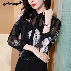 Vintage Paisley Print Sexy Sheer Elegant Office Lady Button Up Shirt Long Sleeve Slim Top Blouse Women Blusas Mujer De Moda 2023