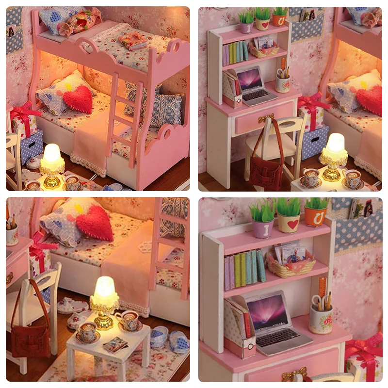 DIY Wooden Miniature Doll House Small House Kit Assembly Building Kits With Furniture LED Dollhouse 3D Puzzle Toys For Xmas Gift