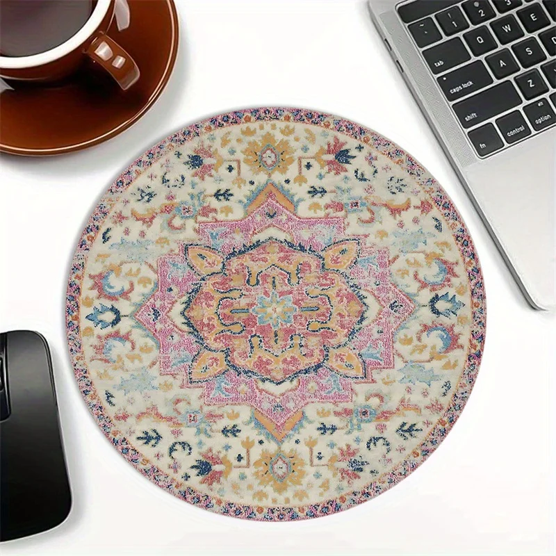 Serene Blossom, Boho Chic for Lotus Design Round Mouse Pad Vintage Floral Desk Mat Non-Slip Rubber Office and Home Mousepads