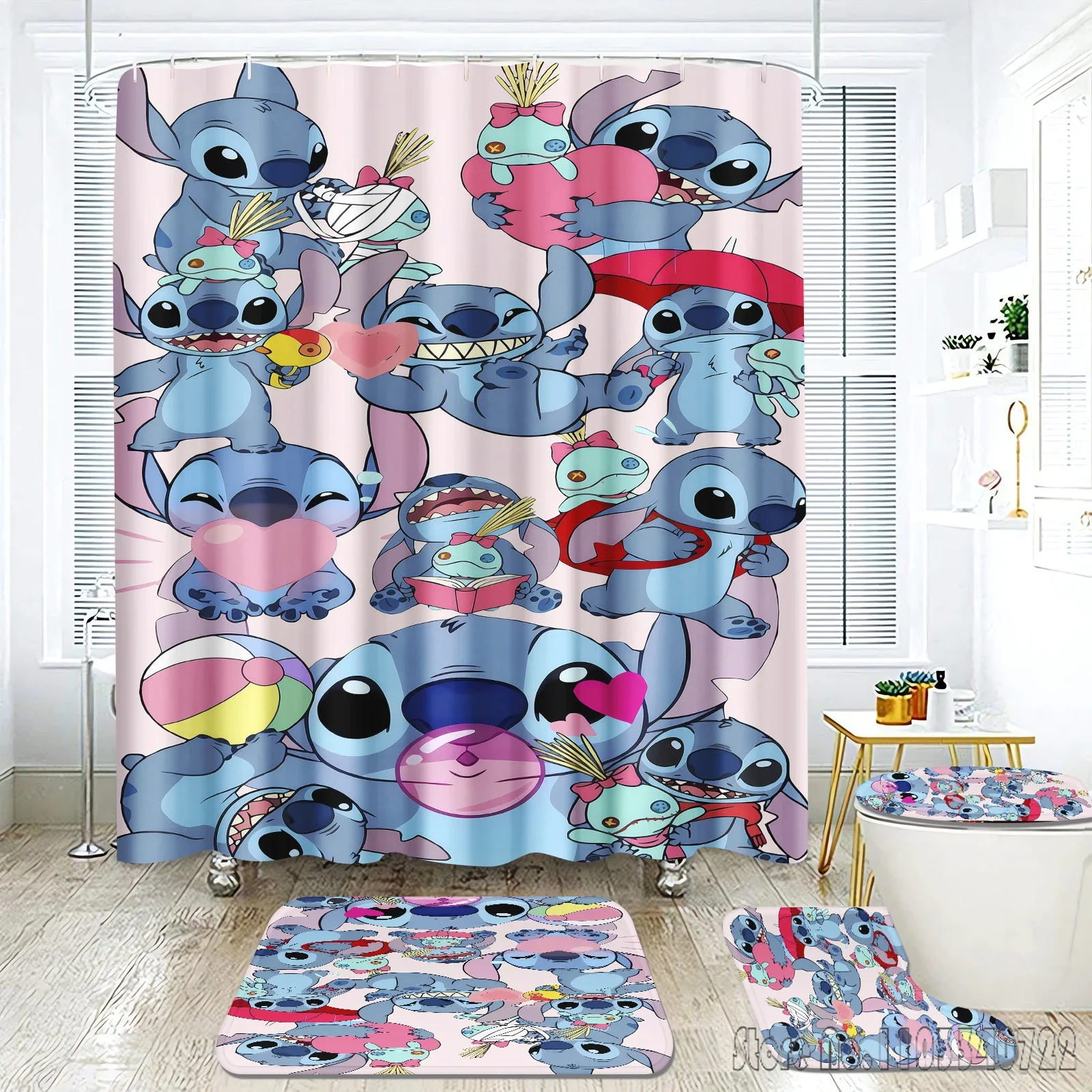 Stitch Cartoon Anime Alien Baby Bath Shower Curtain Set 4pcs with Hooks Waterproof Bathroom Toilet Mat Lid Decor