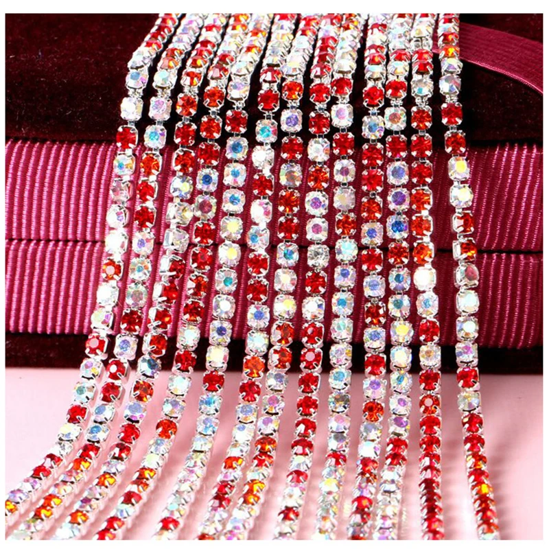 1m 2/2.5/2.8/3mm High Density Silver Base Dense Claw Mix Crystal Rhinestone Chain For DIY Craft Sewing Clothes Sew On Trim