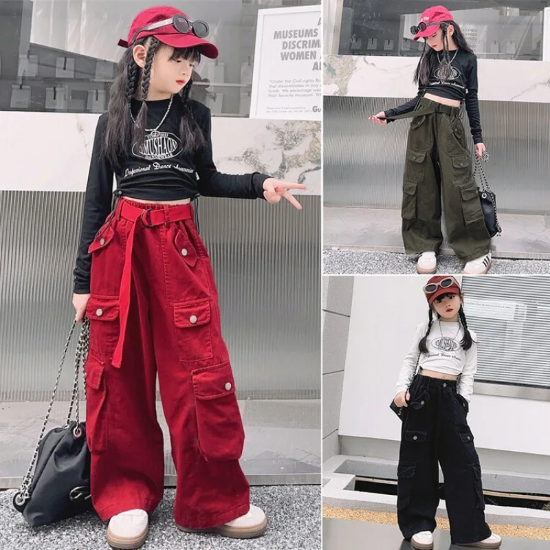 Teen Girls Cargo Pants Loose Casual Fashion Children Trousers Pockets Design Trendy Cool Streetwear Kids Pants 6 8 10 12 14 Year