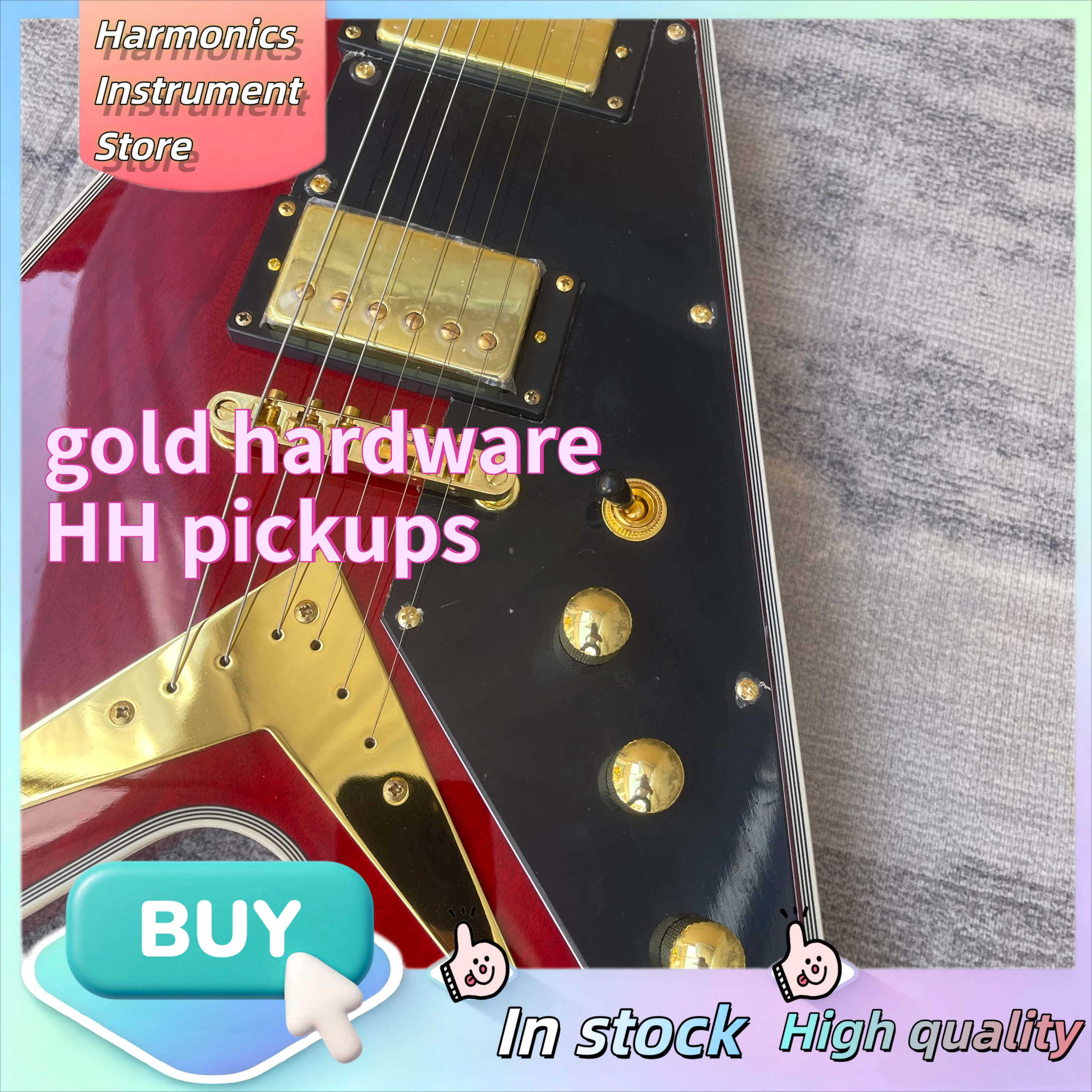 Red Gen Flying V V-Shape Electric Guitar Gold Dual Alnico Humbucker Pickups Heavy Metal Rock Fork Guitar