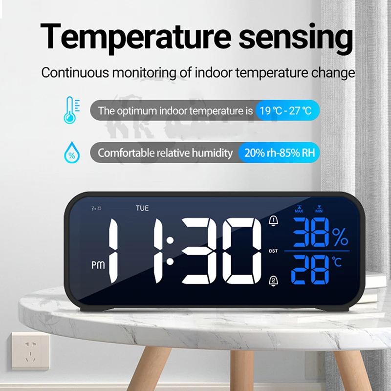 

LED Digital Music Alarm Clock Mirror Voice Control Snooze Temperature Humidity Meter Electronic Desktop Table Clocks USB Charger