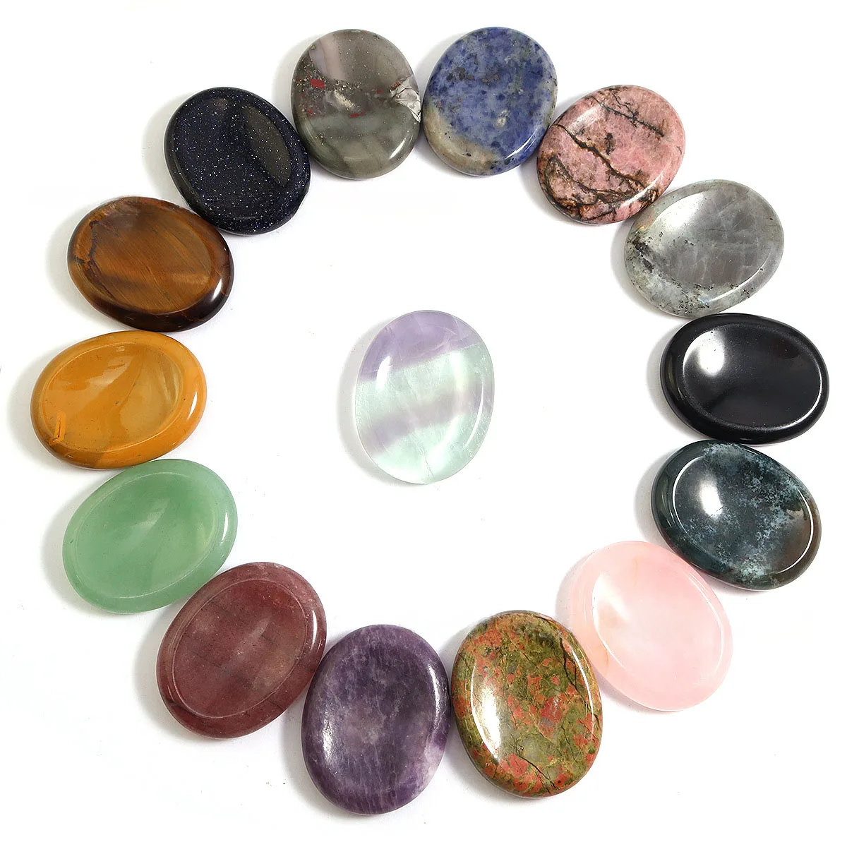 10 pcs/bag 35x45mm Oval Crystal Worry Stone Thumb Gemstone Natural Healing Crystal Therapy Reiki Massage Chakra Worry Stone