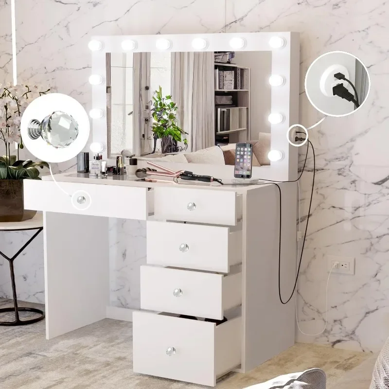 Alana White Makeup Vanity Desk with Mirror and Lights, Crystal Ball Knobs, 5 Drawers for Ample Storage, Glass Top, Elegant