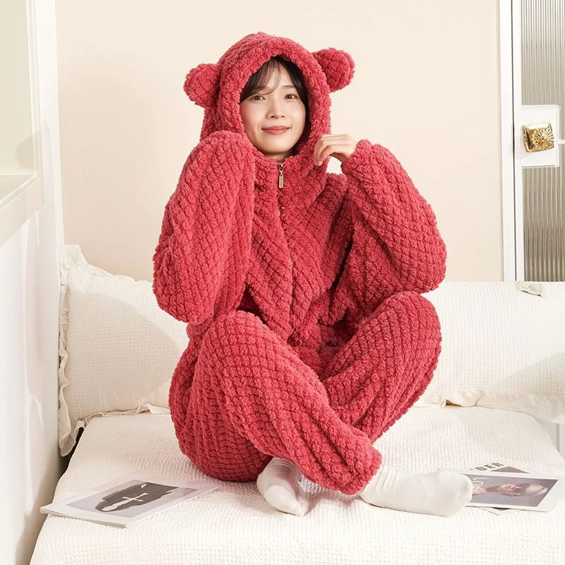 Autumn Winter Women\'s Sleepwear Flannel Pajamas Set Thick Fleece Nightwear Sets Warm Home Suits Hoodie Plus Pants