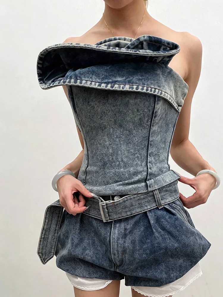 Washing water distressed denim racerback women's top - hot girl style three-dimensional flower design, sleeveless, full-cup top
