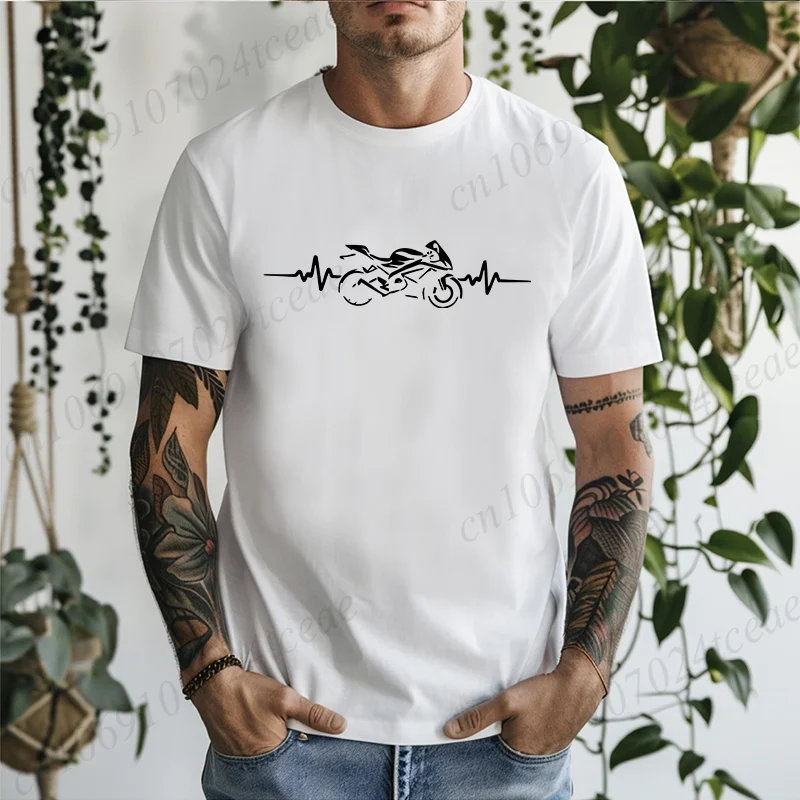 Funny Motorcycle Pulse Motorbike Rider Heartbeat Men's Tee Shirts Casual Fashion Clothing Oversized Hip Hop Streetwear Tshirts