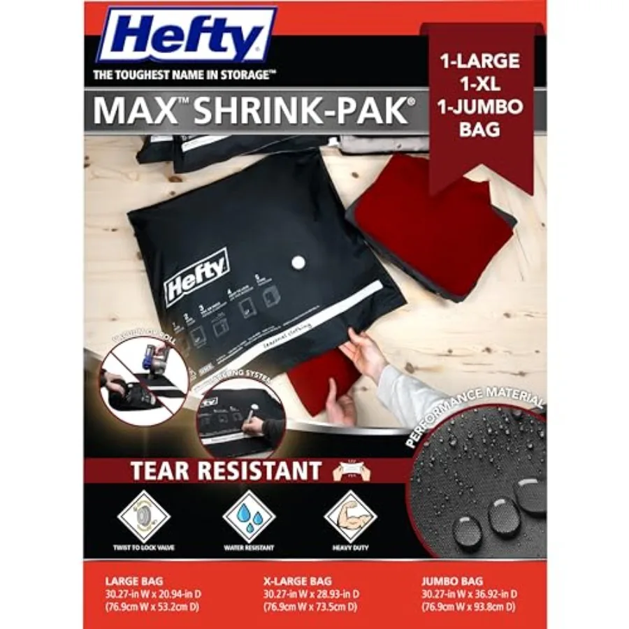 

Вакуумные пакеты MAX Shrink-Pak для хранения одежды, постельного белья, дорожных принадлежностей, устойчивые к разрывам, с двойным клапаном, экономящие место, компрессионные пакеты - 1 большой размер