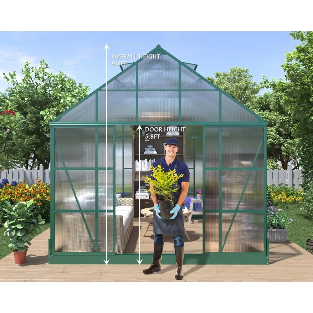 12x10x10x10 Feet Polycarbonate Greenhouse, A Large Walk-in Aluminum Greenhouse with 2 Sliding Doors and 4 Ventilation Windows