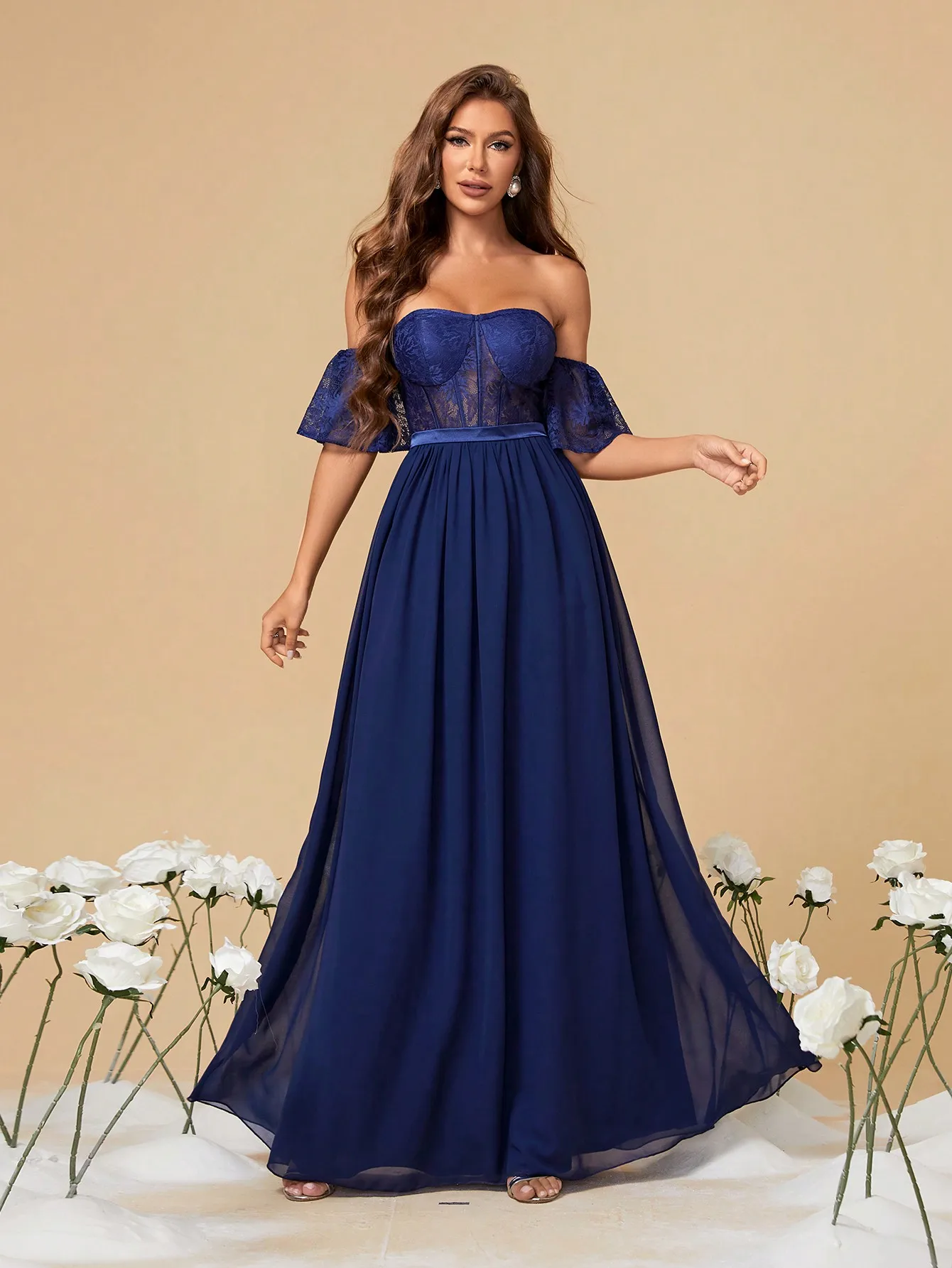 Mgiacy-فستان شيفون بطول كامل من الدانتيل على الصدر بأكمام لوتس ، مرقع ، ثوب سهرة ، فستان حفلة موسيقية ، فستان حفلة موسيقية #1