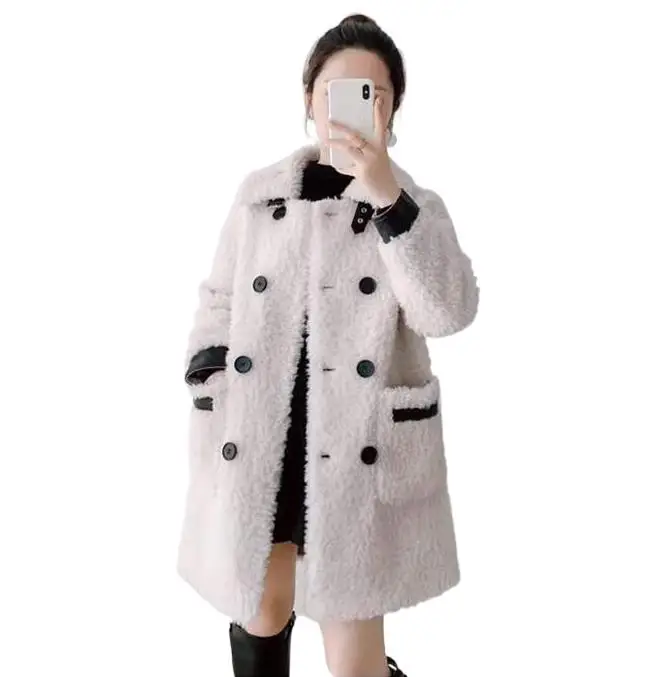 

Женская одежда 2025 года, двубортное пальто средней длины из искусственного меха, новинка зимы 1115