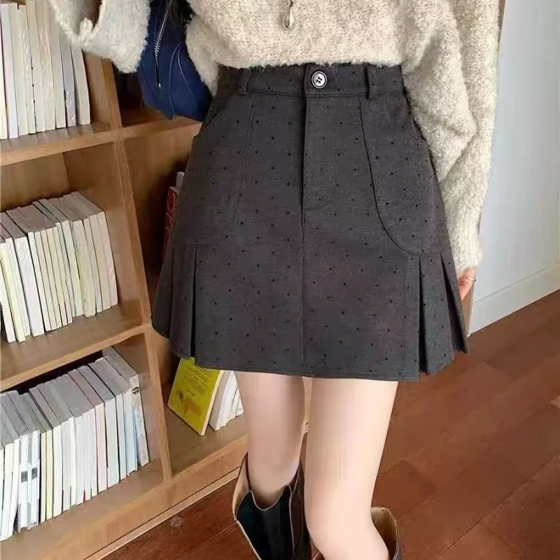 Women High Waist Woolen Pleated Mini Skirt Autumn Winter Retro Polka Dot A Line Plus Size Skirt S 4XL