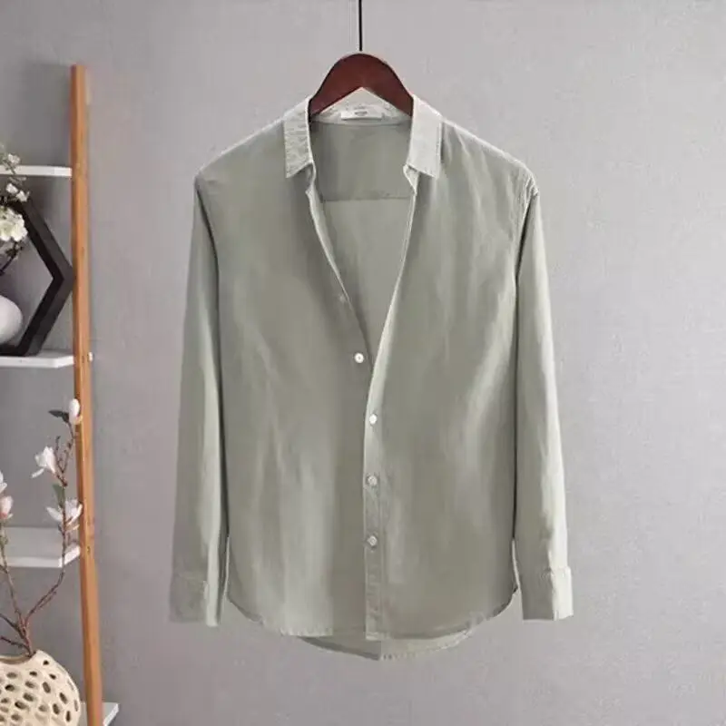 

Long Sve Linen irt Men's Spring Autumn Loose Casual Thin irt Point Collar Pure Color irt Youth Faion Waterproof