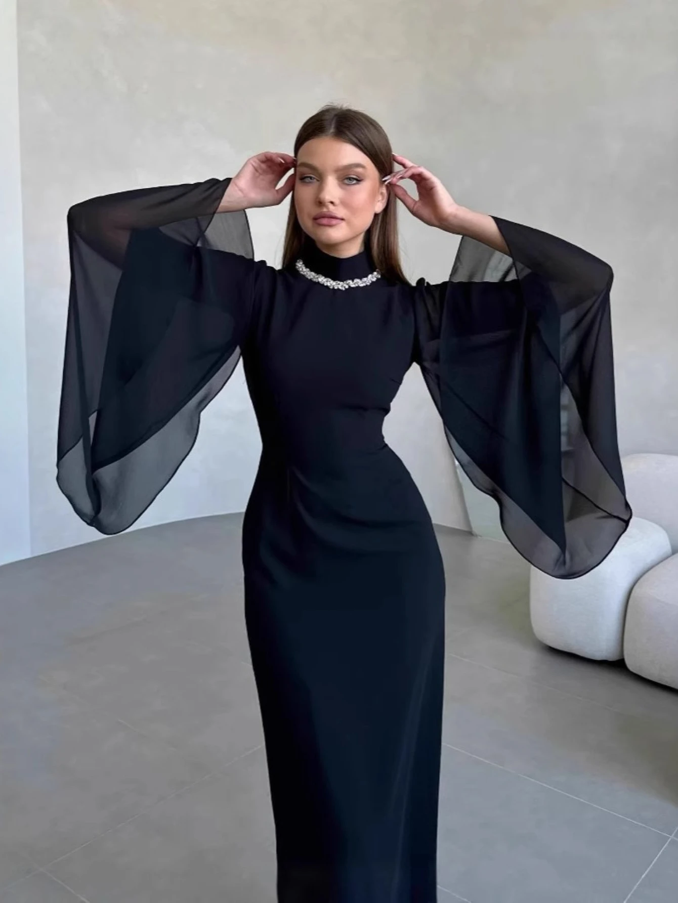 

Женское праздничное платье в Дубае, сетчатое платье Абая, элегантное, с большими рукавами и жемчугом, Джалабия, Vestidos Largos, арабский длинный халат, Марокко