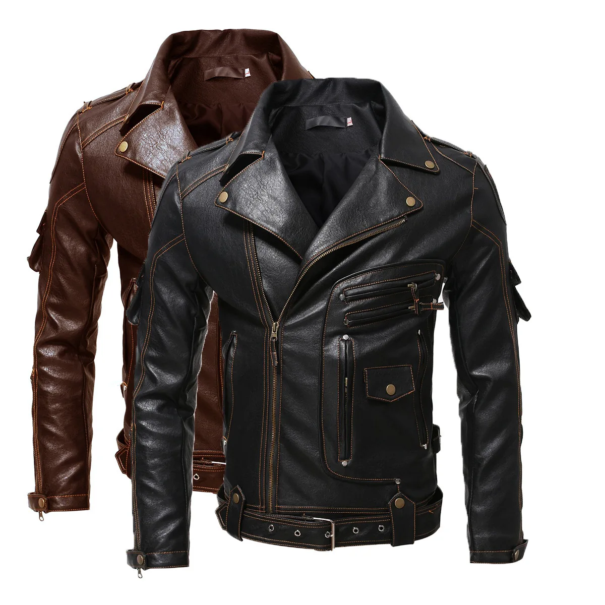 Mens Motorcycle Rider Leather Jacket Men Fashion Motorcycle PU Leather Jacket Cool Zipper Pockets Leather Coats Clothing