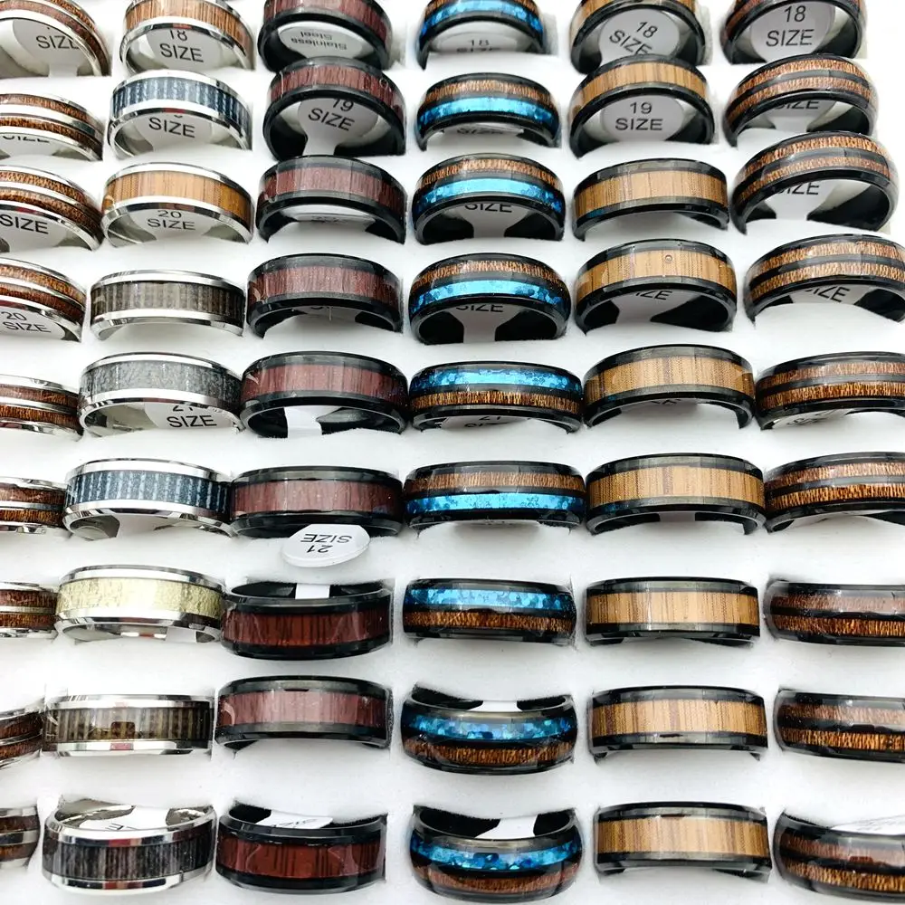 Wholesale 100pcs 316L Stainless Steel Rings Mix Wood Patterns 8MM Trendy Finger Jewelry Wedding Band Black Silver Colors