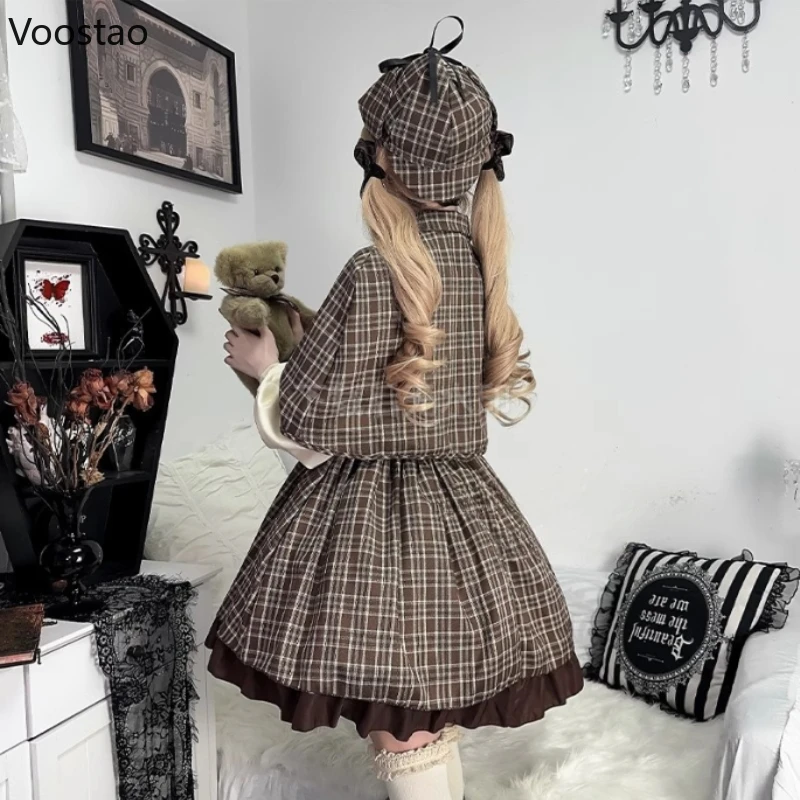 Preppy Style Gothic Lolita Plaid Dress Cloak Set Women Halloween Detective Cosplay Costumes Party Mini Dresses Punk Y2k Dress