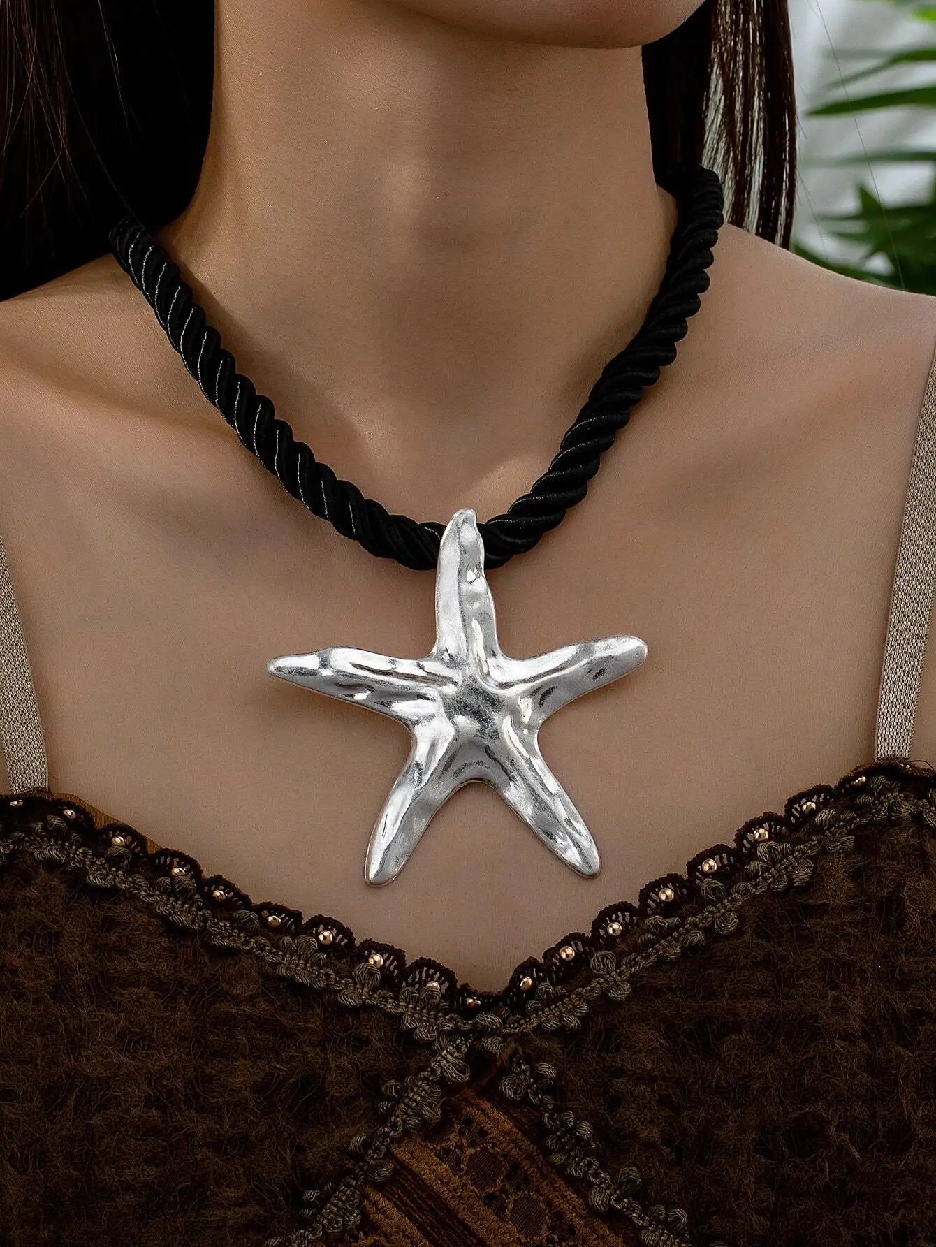 

1 Pc Big Starfish Pendant Rope Necklace For Summer
