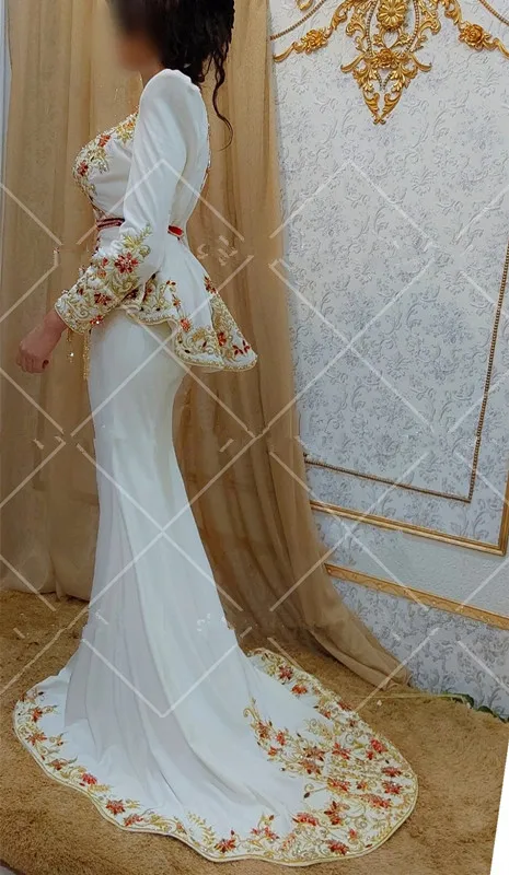 Vintage Algerian Outfits Karakou Prom Dresses with Long Sleeve Jacket Gold Embroidery Crystals Mermaid Evening Occasion Gown