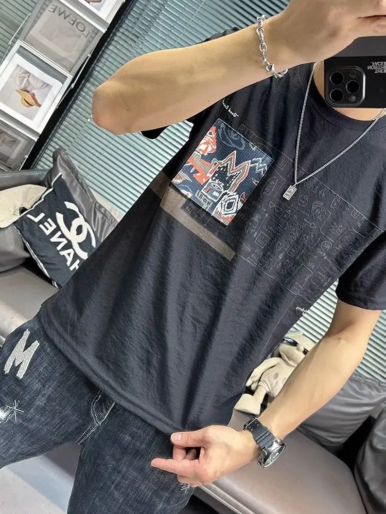 Nueva camiseta de manga corta de algodón y lino para hombre, Top fino informal transpirable de seda helada con cuello redondo