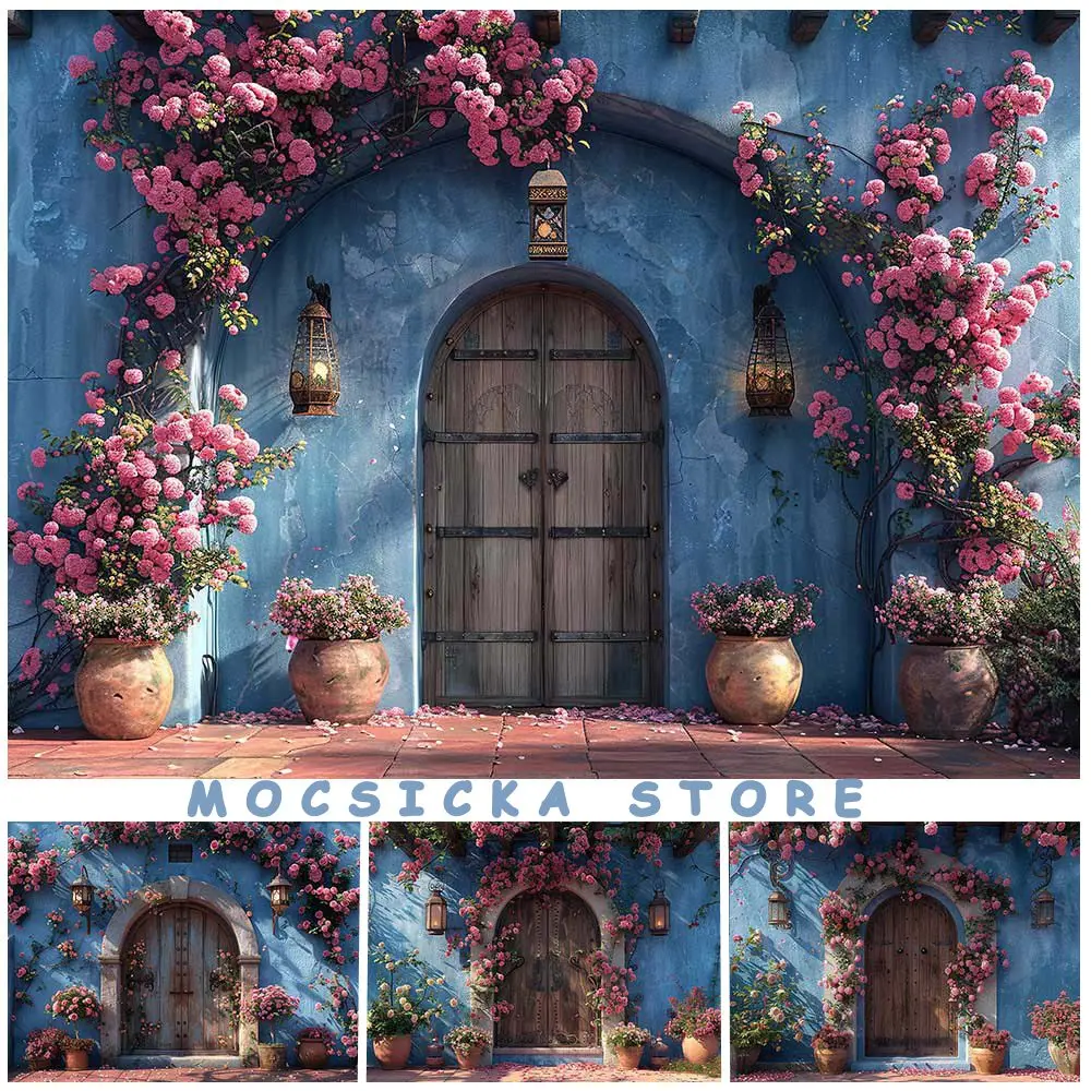 

Mocsicka Girl Photography Background Blue Wall Wooden Door Garden Pink Flower Kids Adult Portrait Photo Backdrop Photocall Props