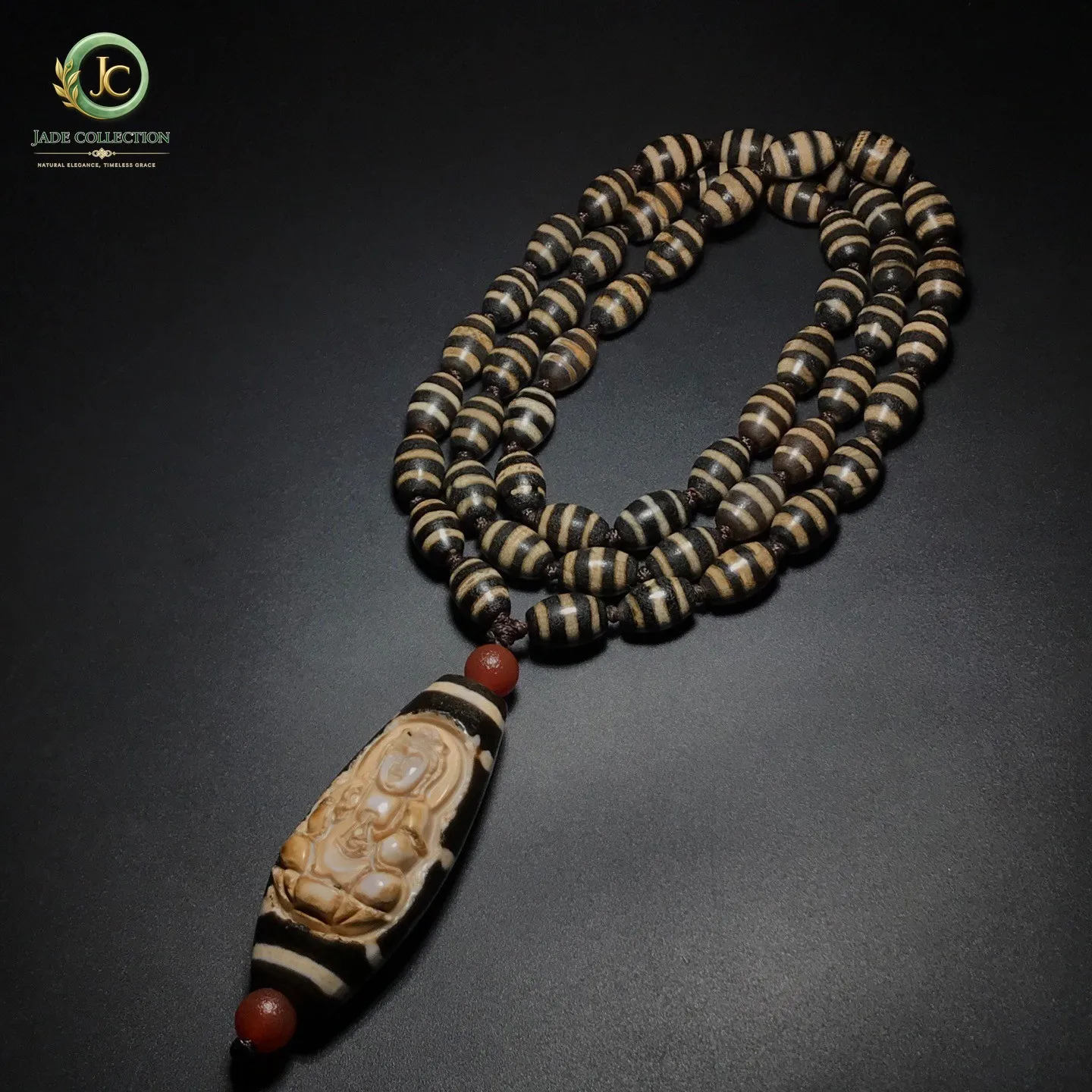Tibetan Old Agate Dzi 54Pcs Lines Bead Carved Guanyin Bead Amulet Necklace J0402