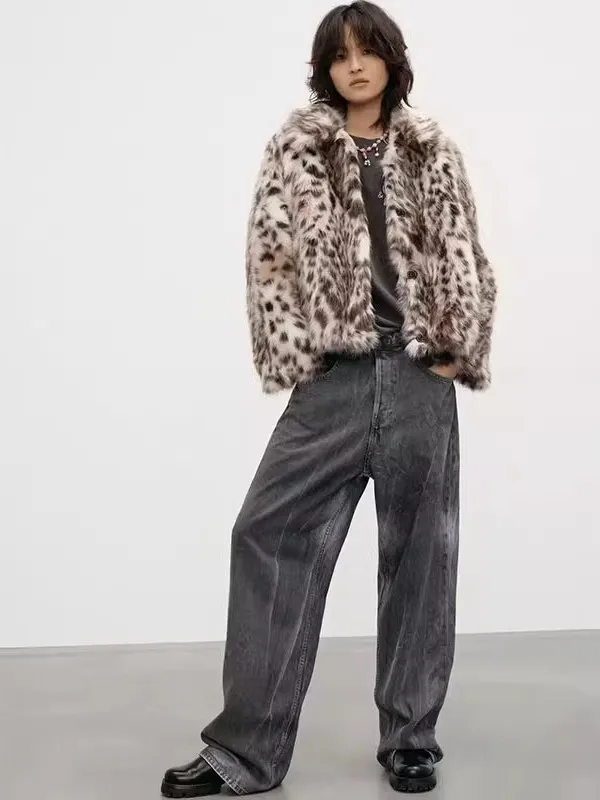 

Fall Winter New Arrival Women's Fur Effect Long Sve Jaet Coat Stand Fit ort Length Button Closure Leopard Pattern