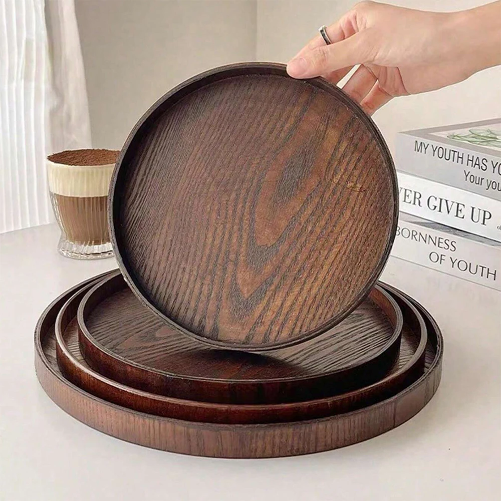 Round Wooden Serving Tray 21/27/30cm Wood Platte Decorative Tray for Coffee Home Table Breakfast Dinner Tea Food Tray