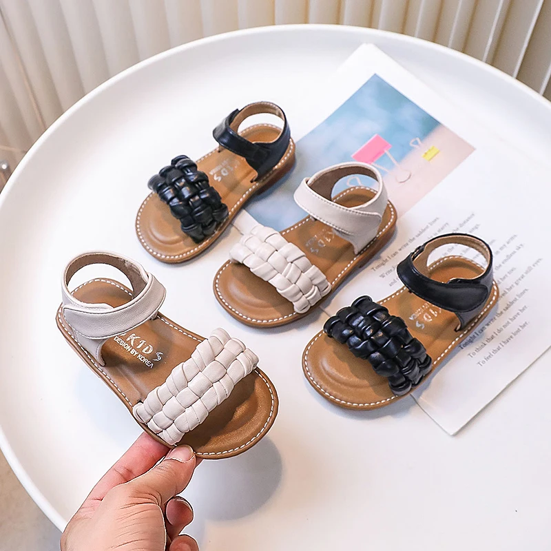 

Little Girl Sandal Kids Summer New Woven Flat Sandals Fashion Causal Beige Black Children Beach Open-toe Sandals Soft Hook Loop