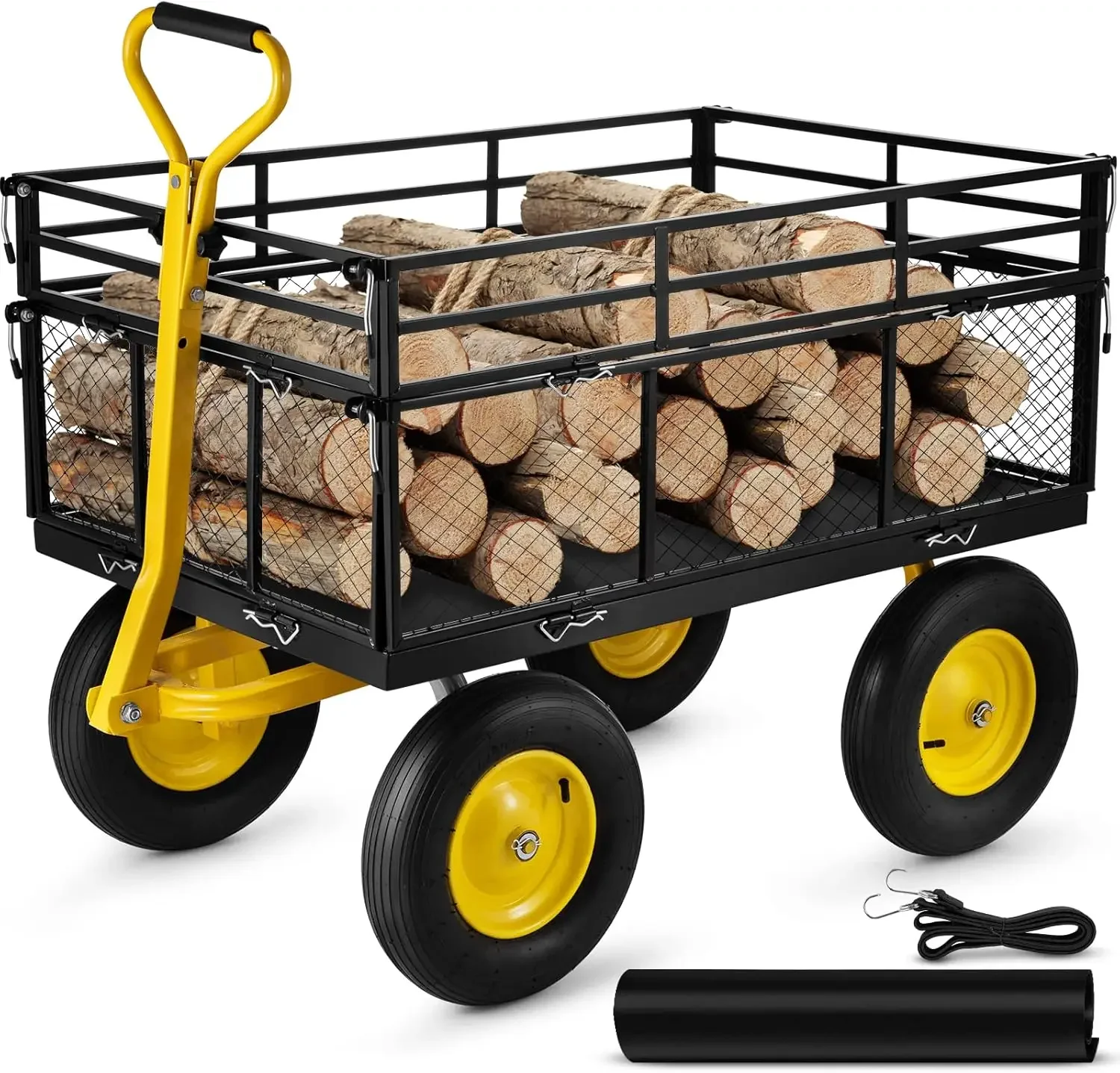 Steel Garden Cart, 1400 lbs Capacity, with Removable Mesh Sides to Convert into Flatbed, 2-in-1 Handle and 15 in Tires