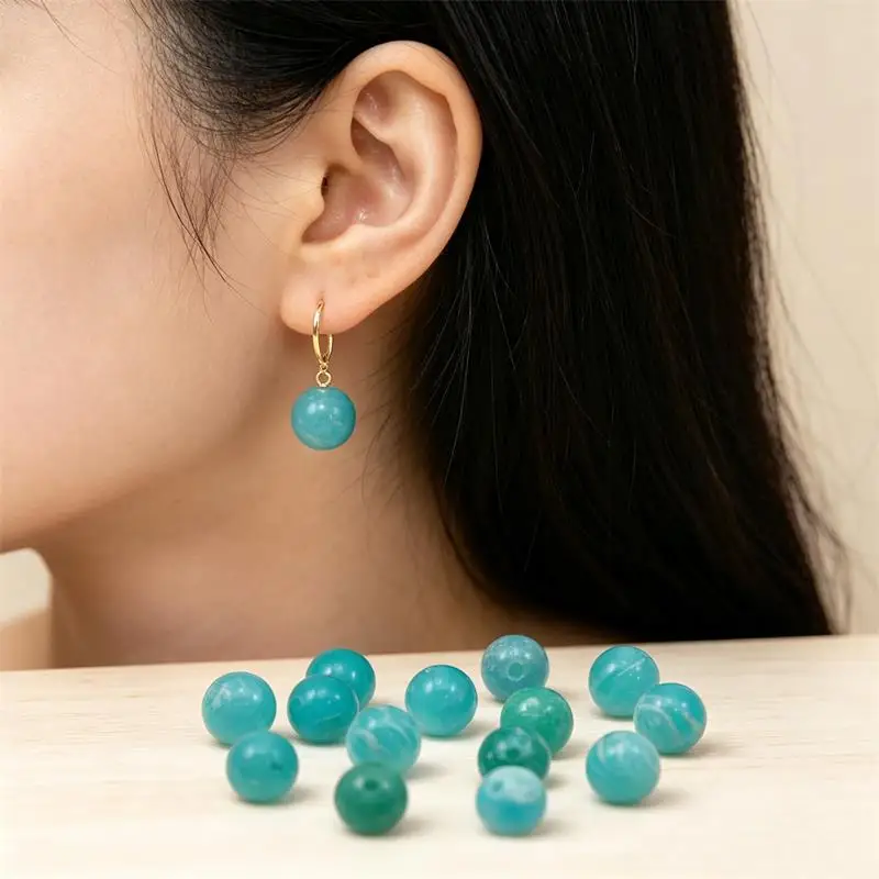 4pcs Half Drilled Peruvian Amazonite Round Beads 4-10mm Loose Stones for Earrings Making Handmade Jewelry Supplies