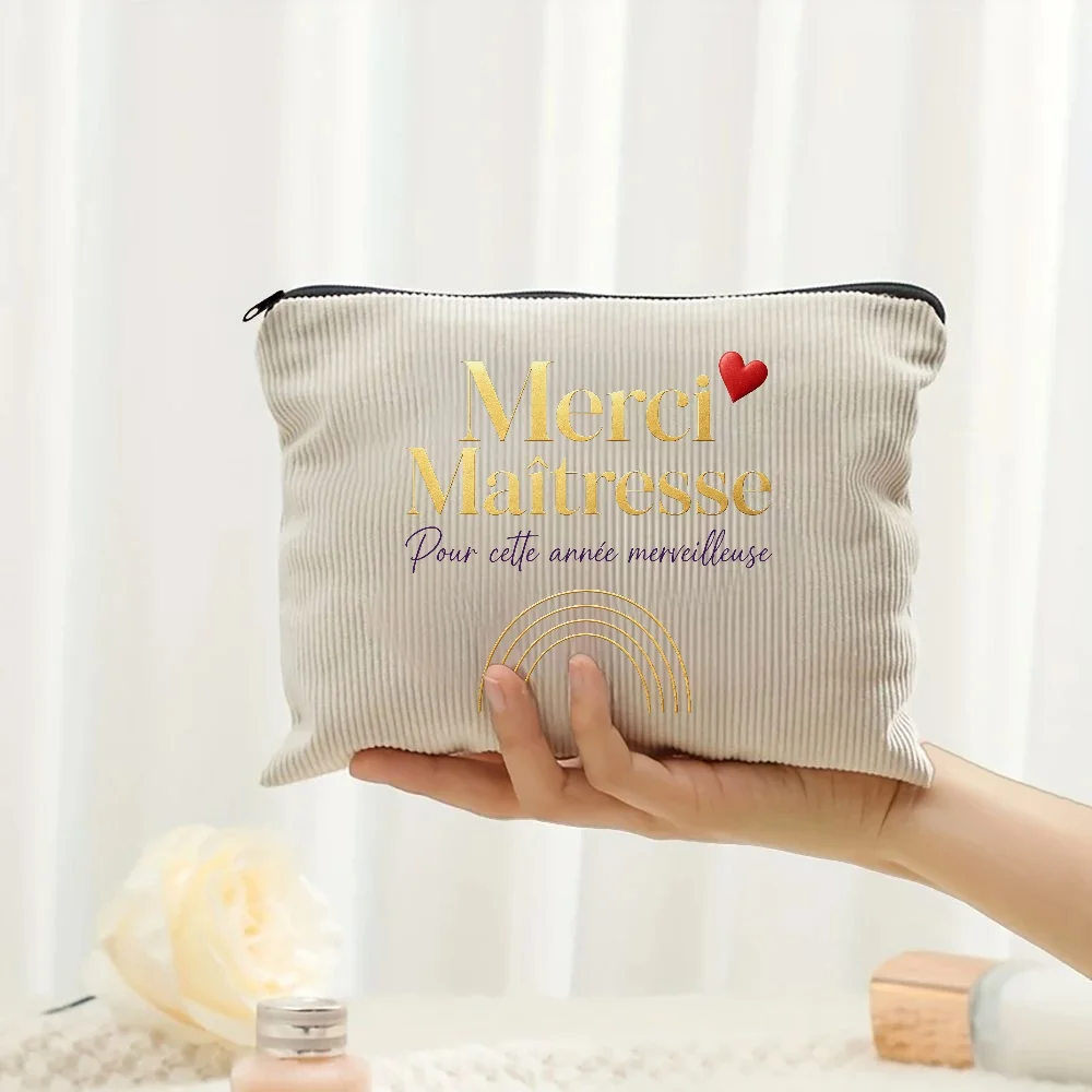 Merci Maîtresse Corduroy Makeup Bag with Rainbow Heart, Zip Pouch, Thank You Teacher Gift, Cosmetic Travel Case for Women