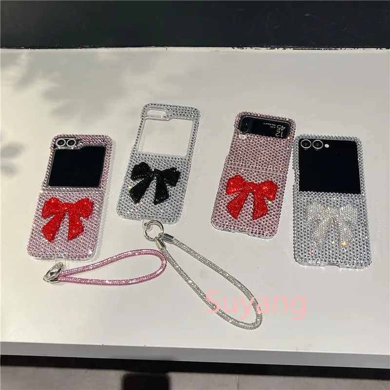Luxury Glitter Rhinestone Transparent Phone Case For Samsung Galaxy Z Flip 7 FE 6 5 4 3 Bow Shockproof Shell Wrist Chain Lanyard