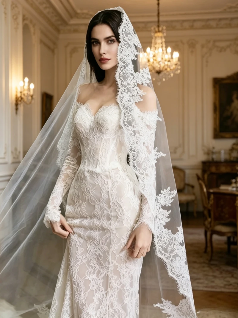 Retro Soft Lace Headdress Bridal Veil Master French Large Tailed Wedding Veil Headpiece Soft Tulle Mantilla Eyelashes Lace Edge