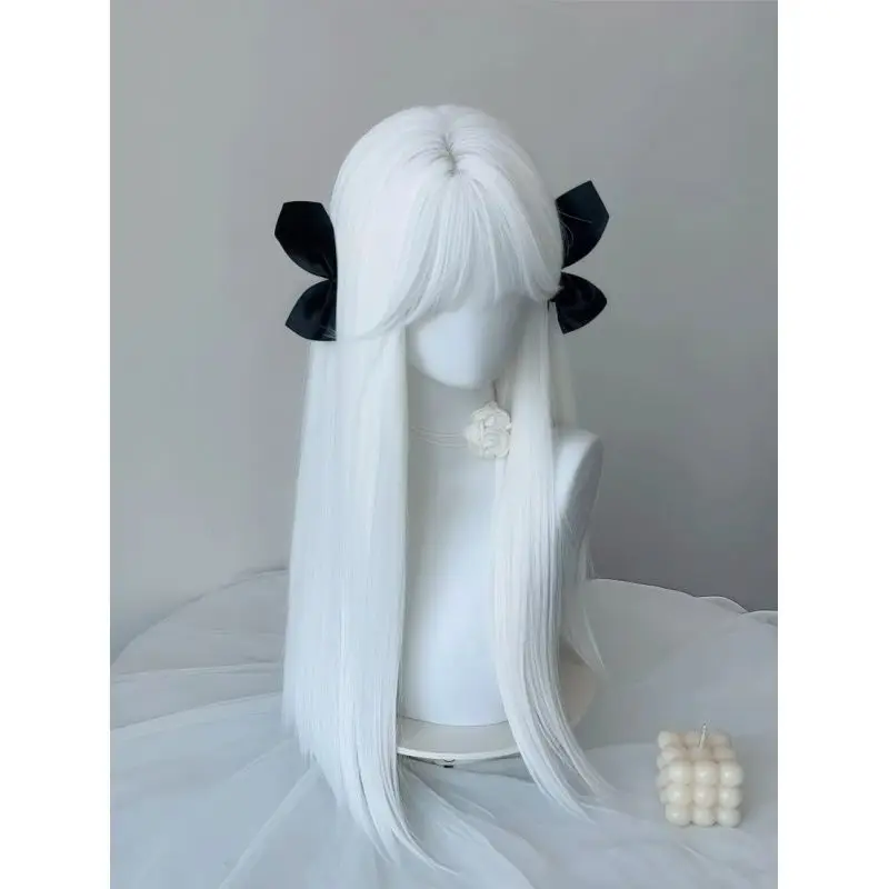 Peluca blanca para mujer, tocado completo Natural, estilo Lolita, pelo largo y liso con flequillo de aire, cara redonda bonita JK de celebridad