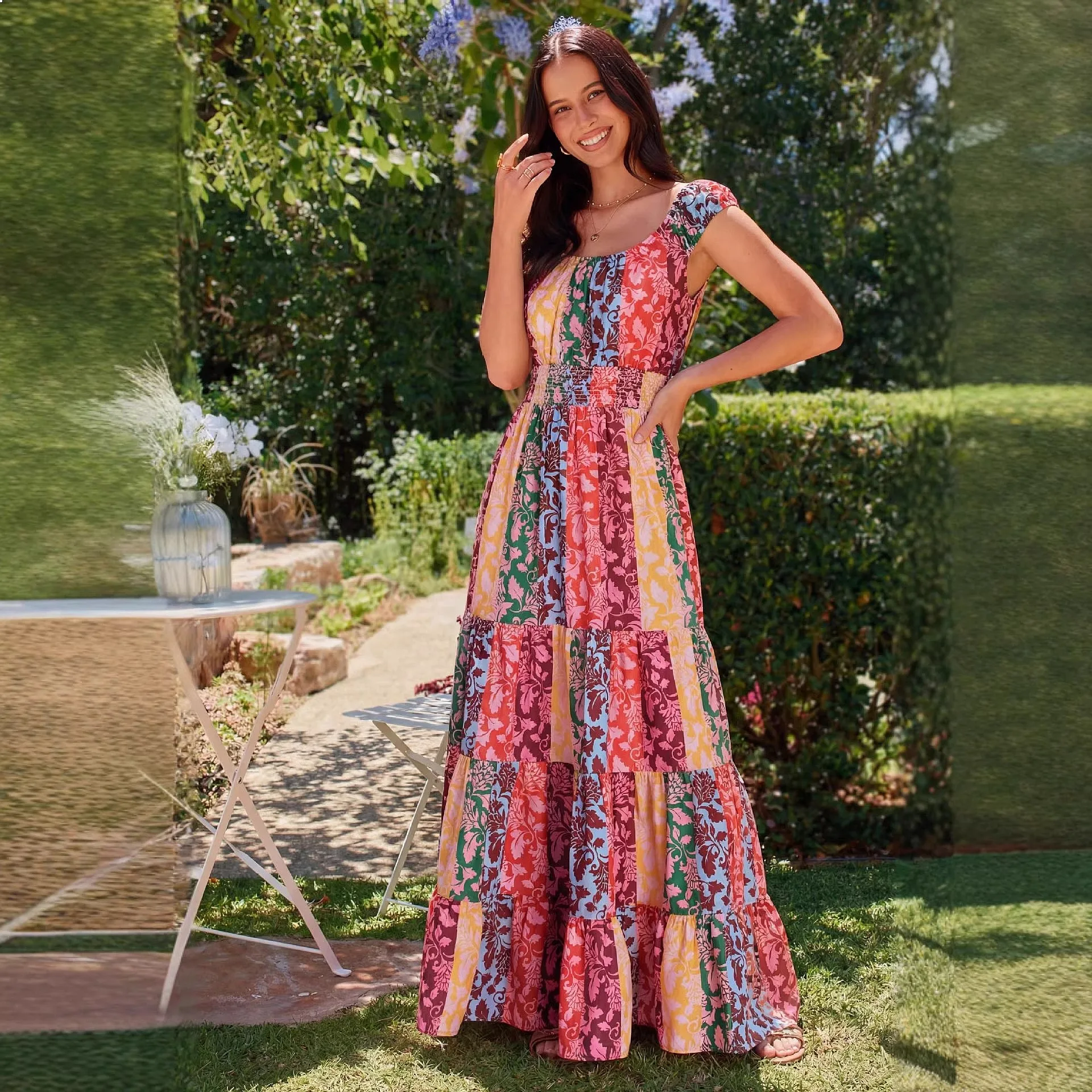 Boho Print Smocked Waist Dress Spring Summer Women's Dresses